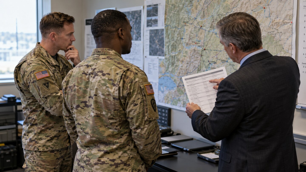 Illustrative analysts collaborating on a terrain map